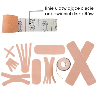 Siatka ułatwiająca cięcie na papierze podkładowym tejpów 5e face w kolorze beżowym i wąskie kształty.